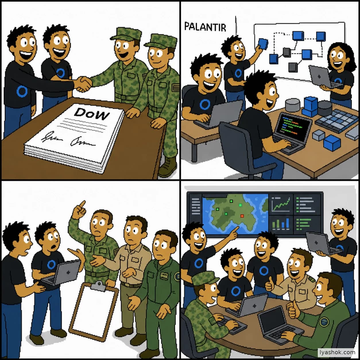 Four square panels showing a Defense Department contract, a software product being built, customers uncertain about their needs, and field deployment engineers working happily alongside them.