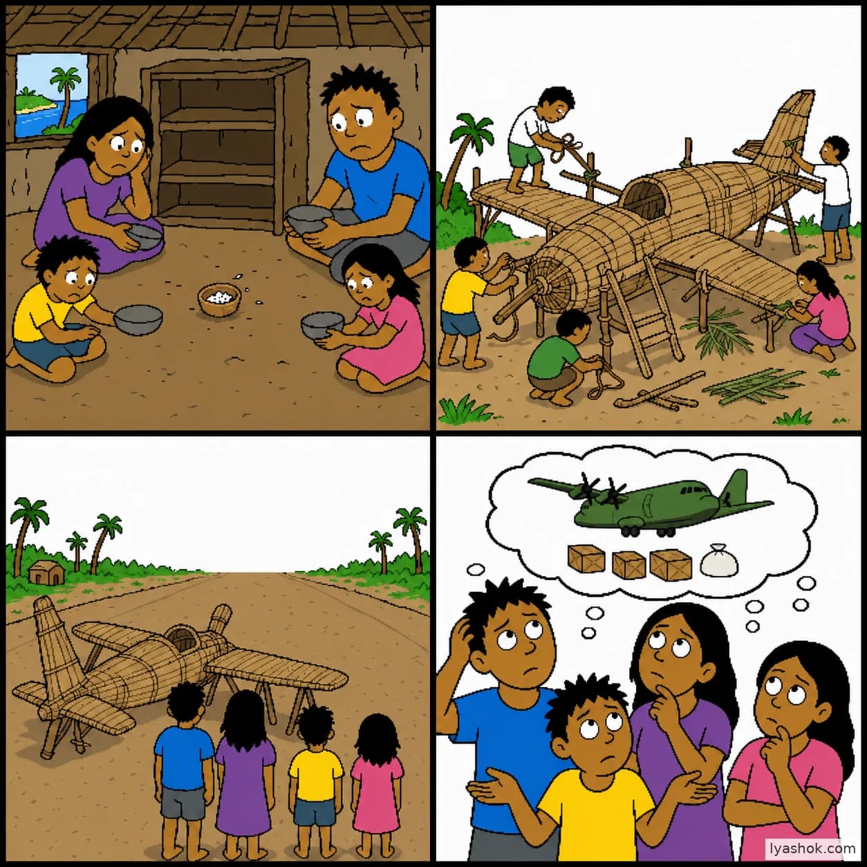 Four square panels showing scarcity, construction of a wicker airplane, people waiting by an imitation airstrip, and puzzled faces imagining cargo that never arrived.