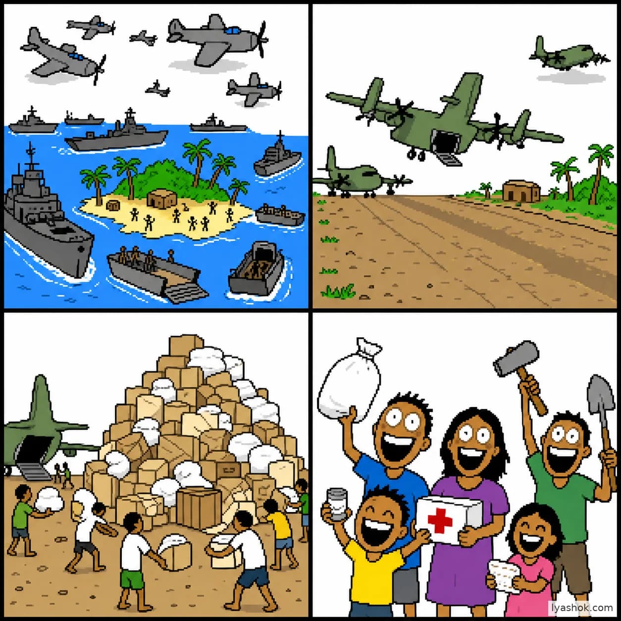 Four square panels showing the Pacific War, transport planes landing on an island airstrip, cargo being unloaded, and supplies reaching the community in a crude early-web meme style.
